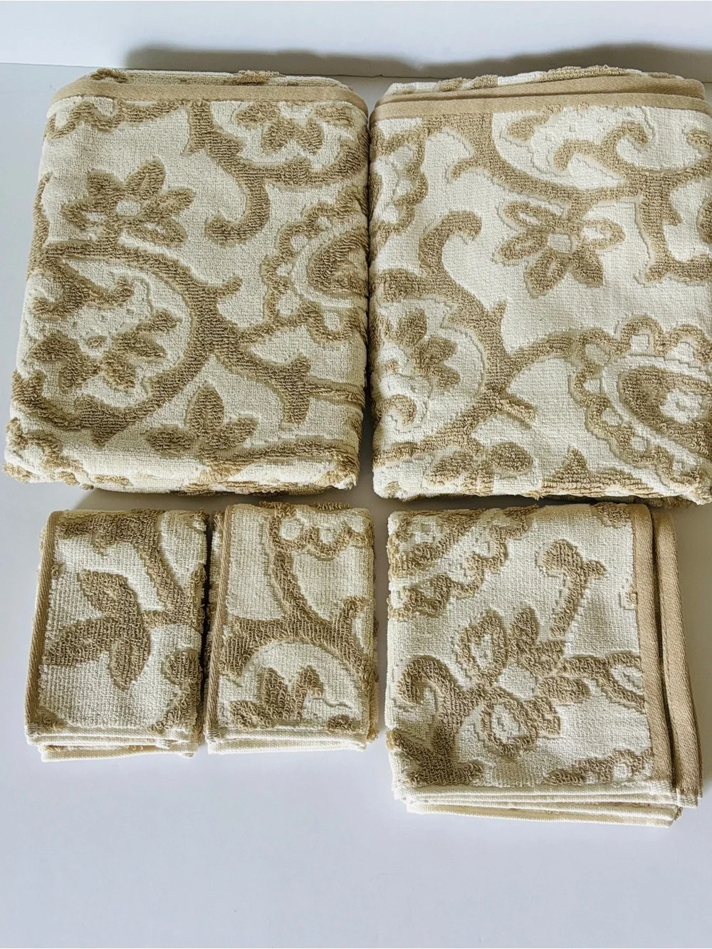 lot set of 5 RALPH LAUREN Bath Towels, Hand Towel, Washcloths Beige Floral NEW